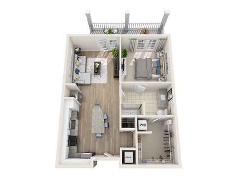 Floor plan for 1 bed, 1 bath, 755 sqft